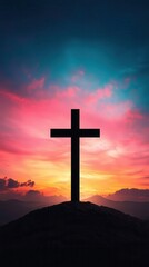 Cross silhouetted against a vibrant sunset, dramatic clouds in the sky, symbolizing hope and faith