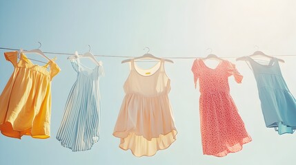 Colorful summer dresses on clothing rack in minimalist studio setting