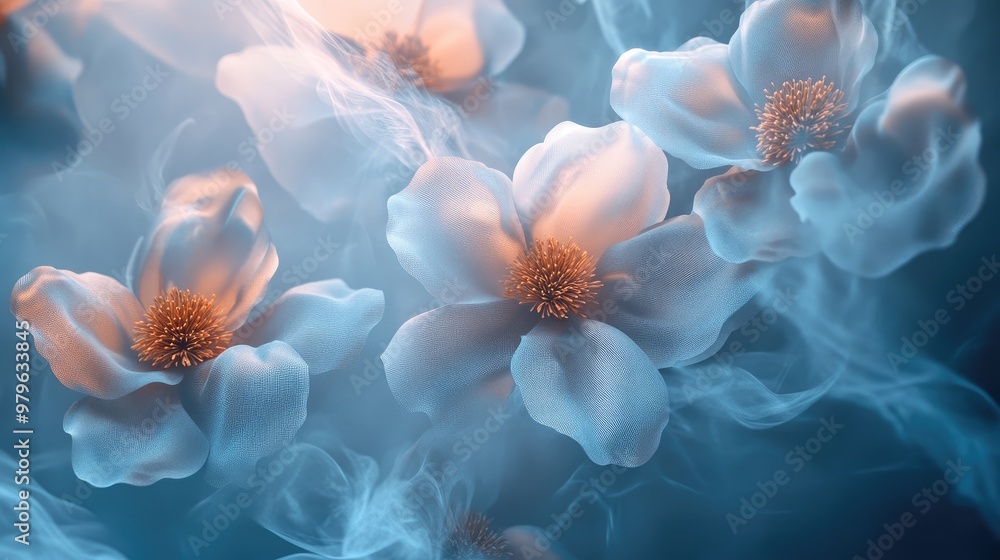 Poster realistic 3d flower background with wisps of steam, emphasizing the texture and depth of the floral 
