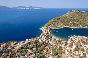 Drone aerial view of Greek village of Asos on the west coast of the island of Cephalonia , Kefalonia Greece in the island sea.