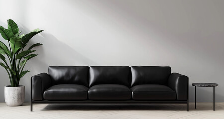 Modern black leather sofa and side table against a grey wall in the minimalist home interior design of a modern living room with copy space, a mockup for product presentation or illustration