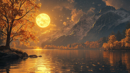 Big yellow moon shining over mountain lake with autumnal trees reflecting in water at night