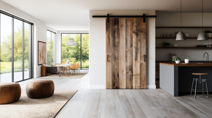 Modern open-concept living space with large windows, wooden barn door, minimalist kitchen with pendant lights, dining table with yellow chairs, and upholstered ottomans.