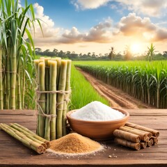 Brown sugar with fresh sugar cane on wooden table with sugar cane plantation farming background