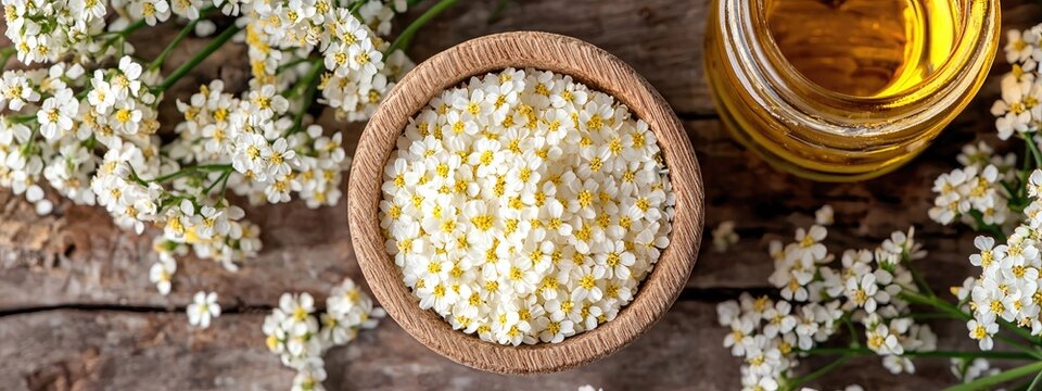 essential oil and yarrow flowers. Selective focus