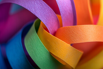 Colorful paper strips creating abstract spiral shape design