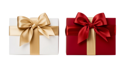 red and white gift box with gold ribbon isolated on transparent background cutout