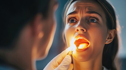 Close-up of a woman's open mouth being examined by a dentist