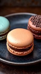 set of colorful macarons on plate natural, clean composition, 