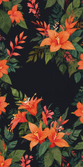 Illustrate a romantic florals background with Heliconia, blossoms, and vine