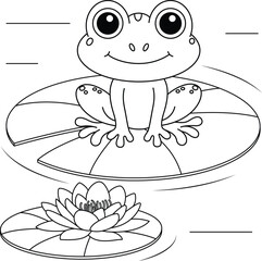 Cute frog sitting on the lotus leaf cartoon outline coloring page for kids