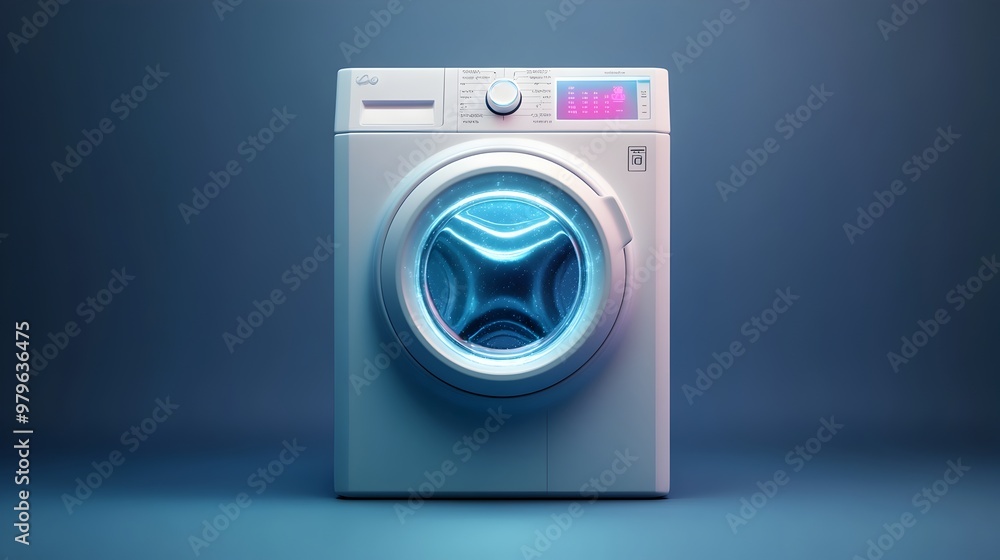 Poster modern front-loading washing machine in empty blue studio