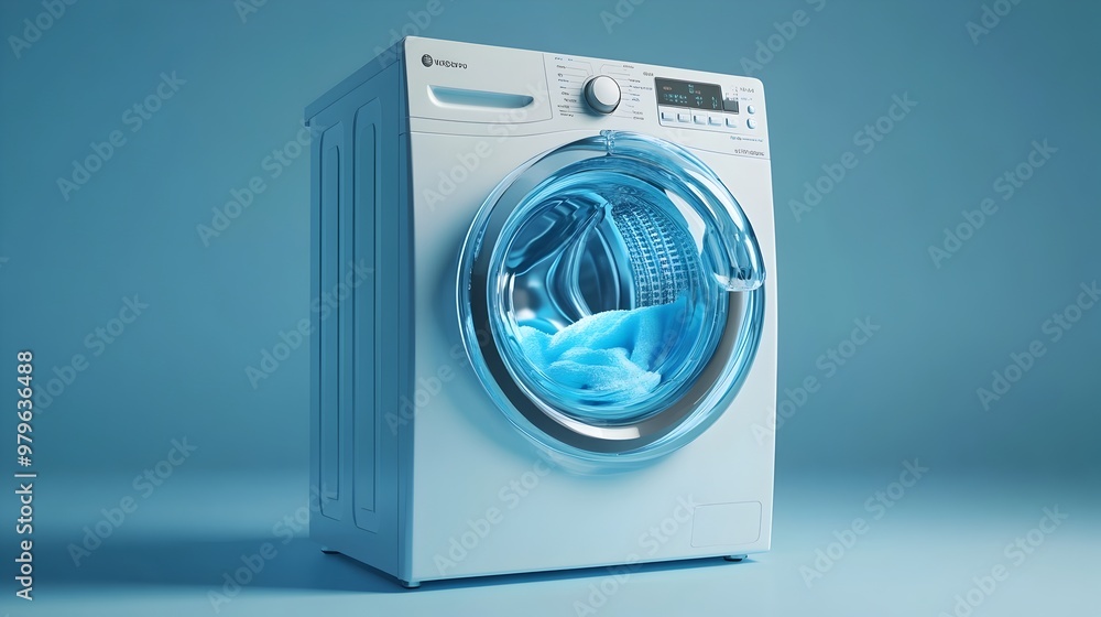 Poster a sleek and modern front-loading washing machine in a vibrant blue color with digital controls and