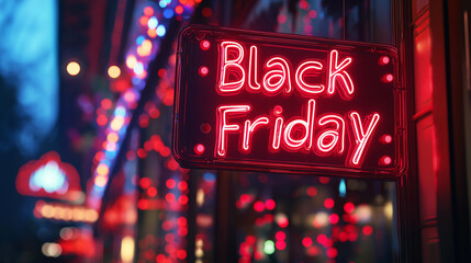 Black friday neon sign hanging in a store window displaying the upcoming shopping event