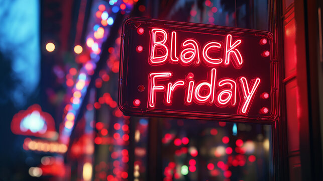 Black friday neon sign hanging in a store window displaying the upcoming shopping event