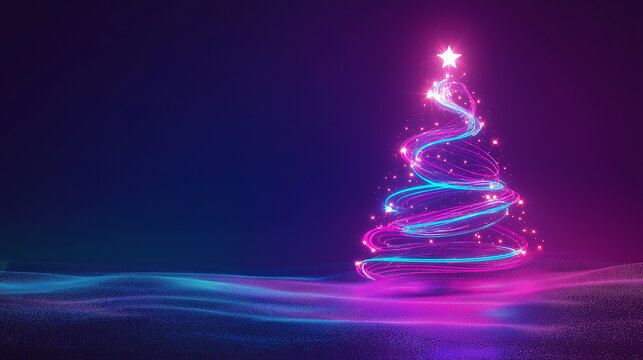 Neon christmas tree shining on dark background
