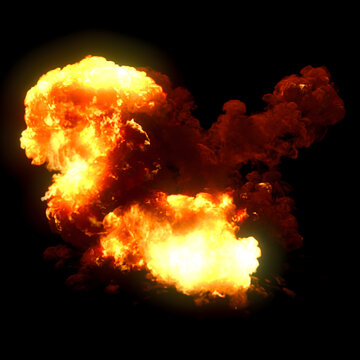 Realistic chemical explosion with bright orange flames and thick brick colored smoke. 3d rendering illustration