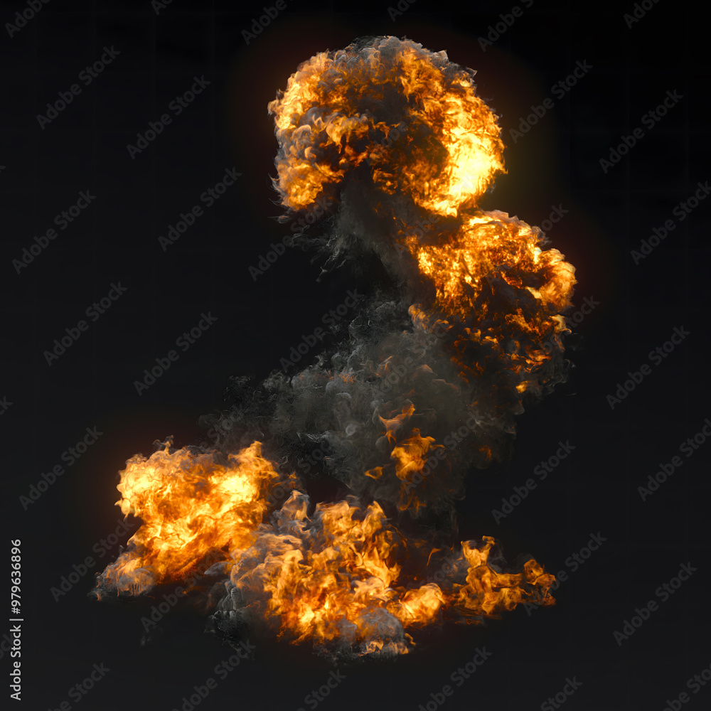 Poster realistic explosion with bright flames and dark smoke. 3d rendering illustration