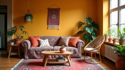 Generative AI, a living room with a couch, chair, table and potted plants in it and a rug on the floor, vibrant color scheme, a flemish Baroque, maximalism
