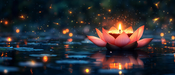 Illustration of a diya lamp floating on a lotus flower in a tranquil pond surrounded cosmoc glowing in the night