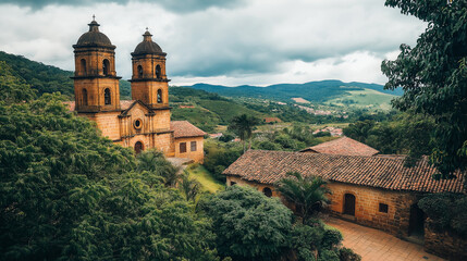Fototapeta premium Barichara cathedral surrounded by lush green vegetation in colombia