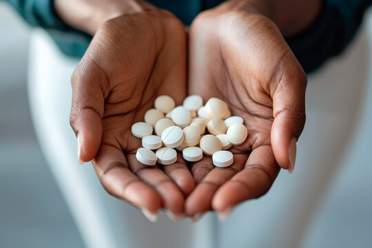 Close up of a woman's hands showing warfarin tablets