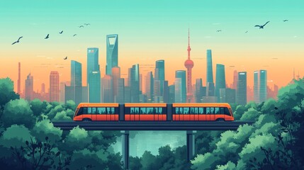 Obraz premium The minimalist background design of a modern green low-carbon city showcases the subway system, urban buses, and bicycles. Clean urban transportation elements, advocating sustainability