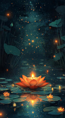 Illustration of a diya lamp floating on a lotus flower in a tranquil pond surrounded cosmoc glowing in the night