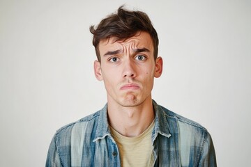 Obraz premium Frustrated young man looking at camera isolated over white background. Studio portrait of male face. A young handsome caucasian man poses for the camera with generative ai
