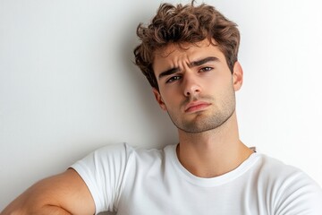 Obraz premium Frustrated young man looking at camera isolated over white background. Studio portrait of male face. A young handsome caucasian man poses for the camera with generative ai