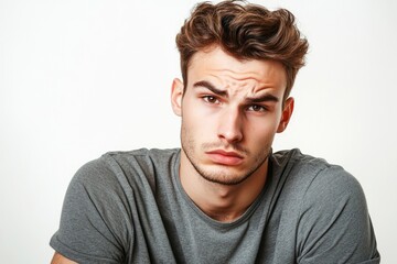 Frustrated young man looking at camera isolated over white background. Studio portrait of male face. A young handsome caucasian man poses for the camera with generative ai