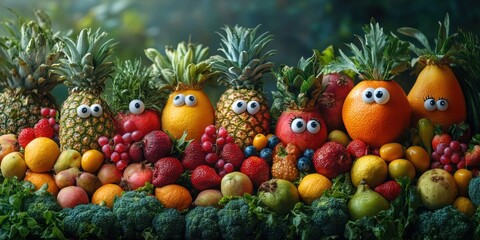 A whimsical cityscape where every fruit and vegetable appears animated and full of character