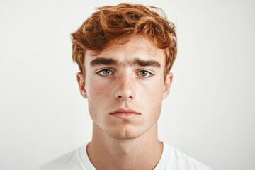 Fototapeta premium Frustrated young man looking at camera isolated over white background. Studio portrait of male face. A young handsome caucasian man poses for the camera with generative ai