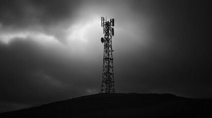 Telecommunication tower standing on a hill under dramatic sky