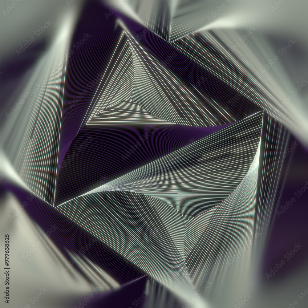 Poster triangular geometric pattern of light stripes on dark purple background. 3d rendering illustration