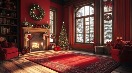 Obraz premium Cozy living room decorated for winter holidays Christmas tree with fireplace and decorations