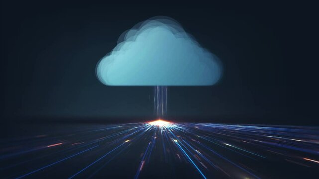 Futuristic cloud computing concept with a stylized cloud icon connected to streaming digital data lines on a dark blue background.