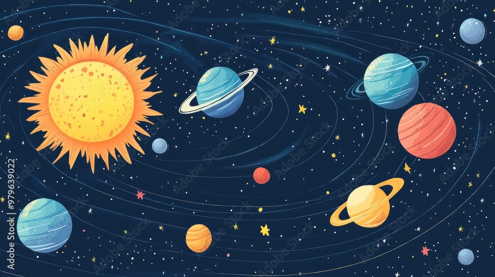 Poster a vibrant illustration of a solar system showcasing the sun planets and stars in a playful cartoonis