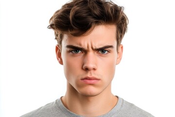 Fototapeta premium Frustrated young man looking at camera isolated over white background. Studio portrait of male face. A young handsome caucasian man poses for the camera with generative ai