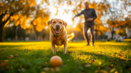 Cute dog playing ball with his family at park , pet and human relationship concept .