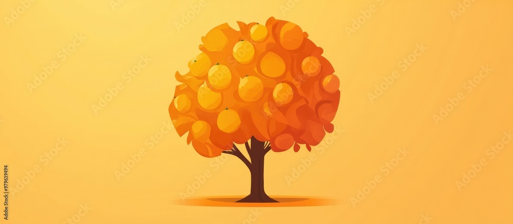 Poster the orange round tree features a flat design style that creates a vibrant and cheerful appearance
