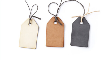 Three blank gift tags hanging from string on white background