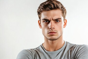 Obraz premium Frustrated young man looking at camera isolated over white background. Studio portrait of male face. A young handsome caucasian man poses for the camera with generative ai