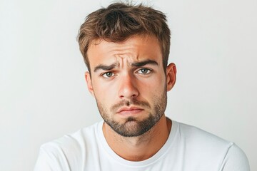Obraz premium Frustrated young man looking at camera isolated over white background. Studio portrait of male face. A young handsome caucasian man poses for the camera with generative ai