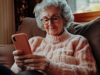 Elderly Woman Engrossed in Smartphone