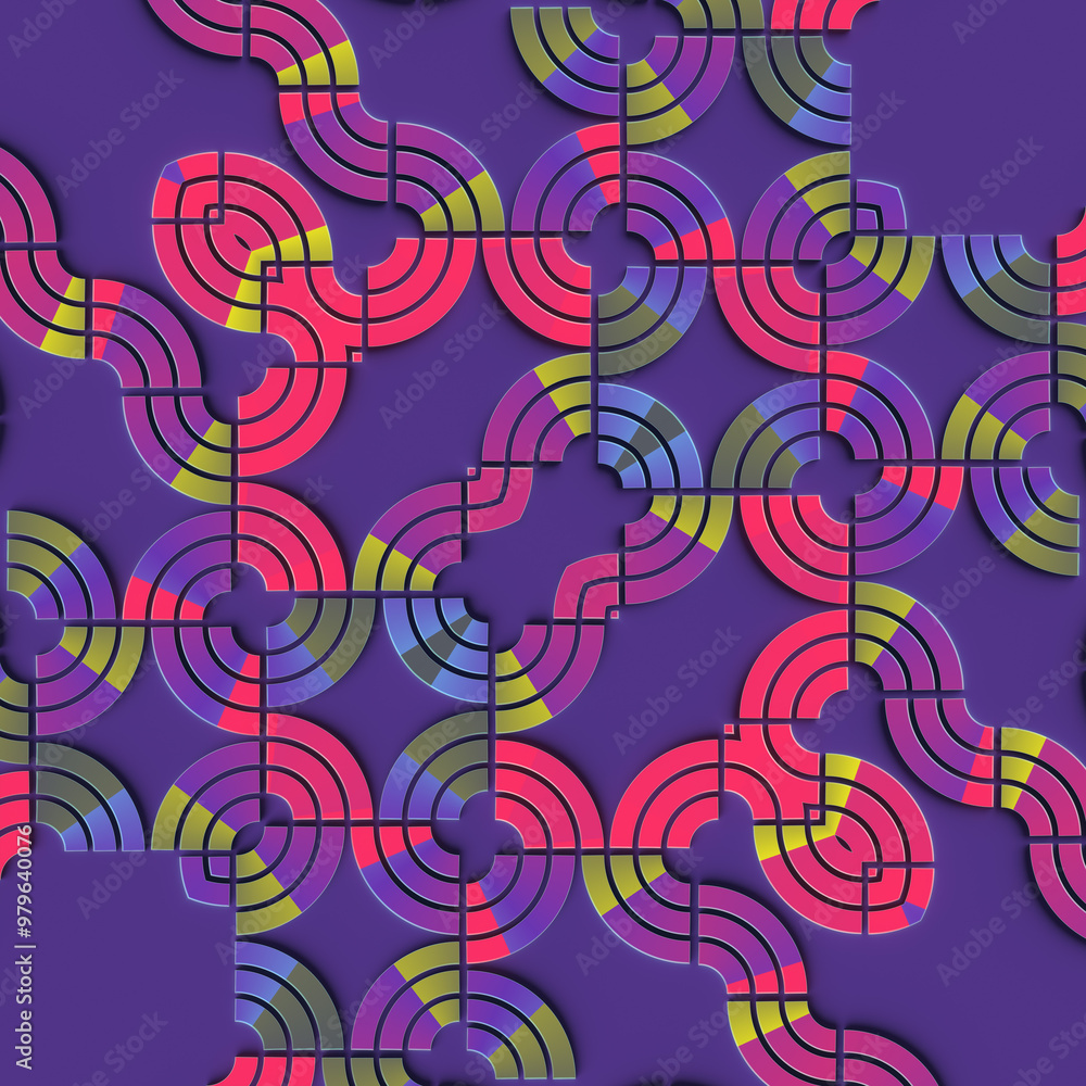 Poster Bright and colorful abstract pattern consisting of intertwining geometric shapes. 3d rendering digital illustration