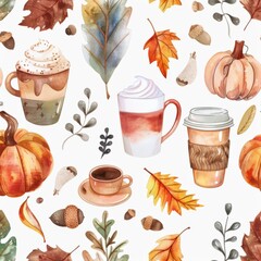 Autumn Watercolor Illustration - Pumpkins, Leaves, and Coffee Cups