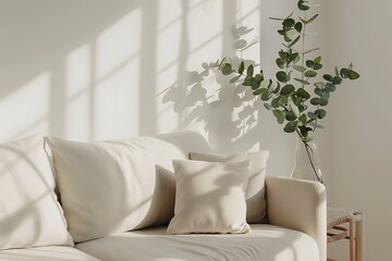 Cozy living room with neutral decor and dried flowers in a vase, This bedroom scene exudes coziness with a harmony of beige and white tones, soft pillows and throws, and an elegant vase of flowers , 
