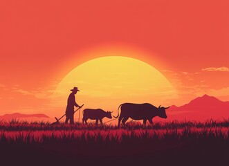 Fototapeta premium A silhouette of an Indian farmer plowing the field with oxen during sunset. a happy farm day poster design with the text 