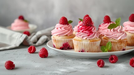 Delicious cup cake with raspberry fruit on table
